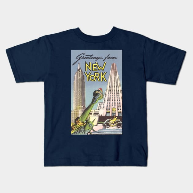 Greetings From New York Travel Poster Landmarks Kids T-Shirt by MasterpieceCafe